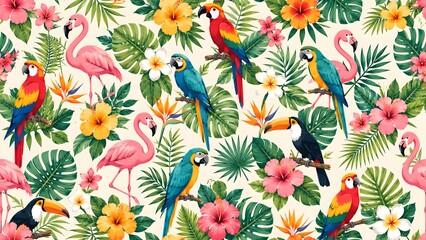 Obraz premium Tropical seamless pattern with flamingos, parrots, toucans and exotic flowers