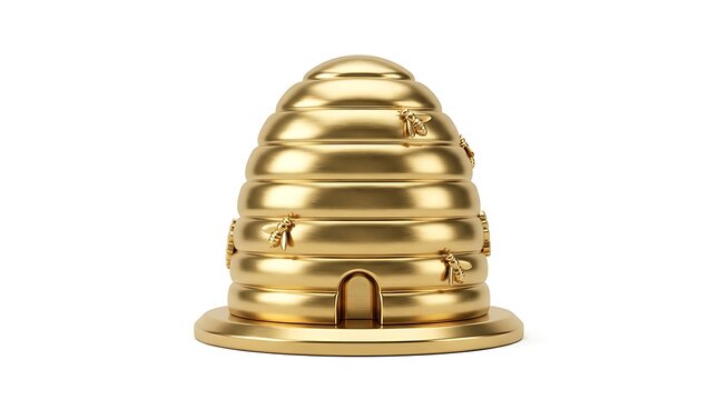 Golden Beehive with Bees Isolated on White
