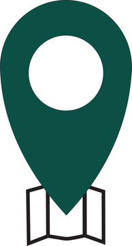 The location pin icon is elegant dark green with a white circle hole at the top and a minimalist folding map symbol at the bottom. This design is very suitable for navigation applications, markers ett