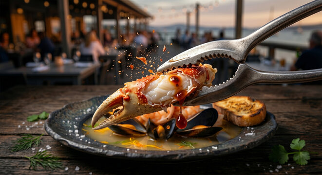 A side-view macro shot of a pair of metal seafood crackers breaking open a crab leg from a Cioppino bowl. The image highlights the succulent, 