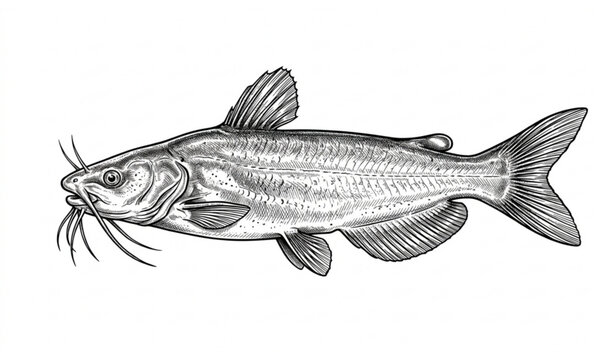 Catfish Monochrome Hand Drawn Vector Illustration Black and White Fish Sketch