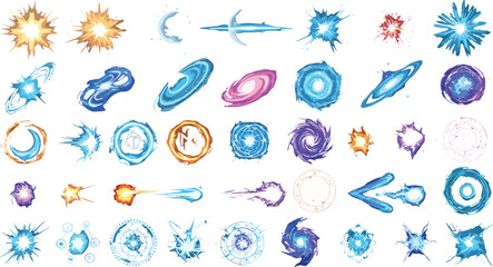Fantasy magic spell icons and elemental combat special effects set featuring wizard energy bursts plasma projectiles and cosmic vortexes for RPG video game UI development © AdhinChandra