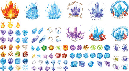 Fantasy magic elemental crystals and glowing gemstone icon assets set featuring fire ice and plasma clusters for mobile video game user interface graphic design layouts © AdhinChandra