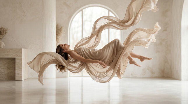 Dreamlike wellness concept with a woman floating in flowing silk, symbolizing deep relaxation, emotional balance, beauty, freedom and luxury self-care.