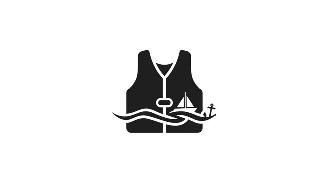 Life Jacket Icon with Boat, Anchor and Waves - Safety on Water