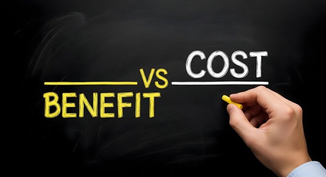Benefit versus cost comparison written on blackboard