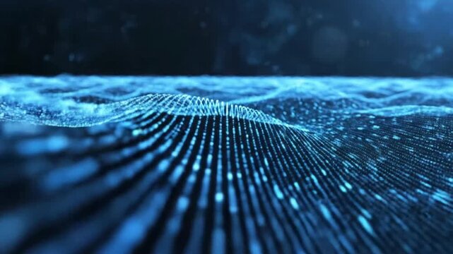 Explore digital waves and patterns that move dynamically through a cyber landscape at night in an abstract display of light and motion
