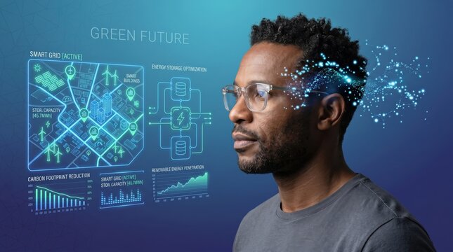 African man looking at green future smart grid energy optimization hologram with carbon footprint reduction charts and renewable power storage capacity data visualization on blue