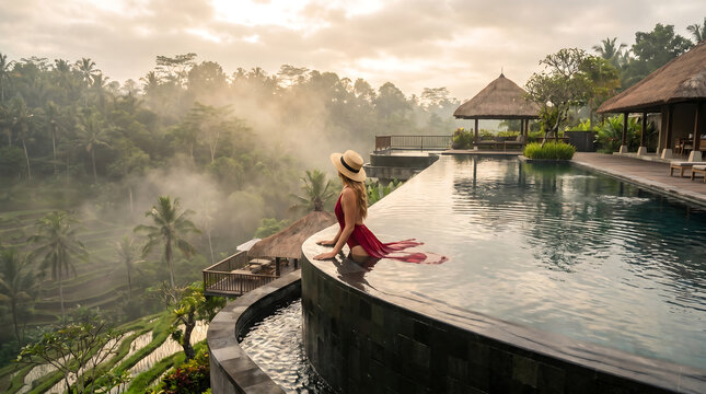 Woman relaxing in luxury infinity pool overlooking misty tropical jungle
