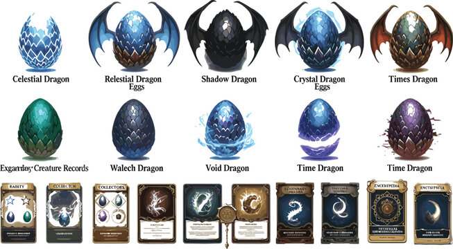  Fantasy RPG monster egg collection and collectible trading card icons set featuring mythical dragon species for card game design asset kits