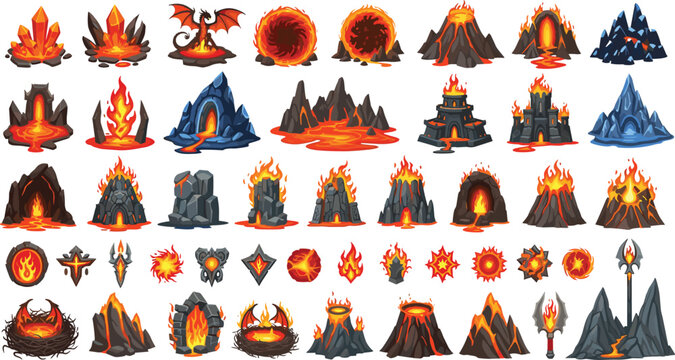 Fantasy volcanic lava hazards and fire spell effect vectors set featuring burning portals dragon nests and hell gate structures for video game map design asset kits
