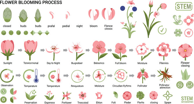  Flower blooming process and botanical lifecycle infographic elements set featuring plant development stages bud opening pollination triggers and floral anatomy icons for biology textbooks