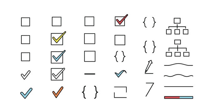Set of user interface elements includes colored checkboxes, flowcharts, brackets, and hand drawn arrows for web application design.