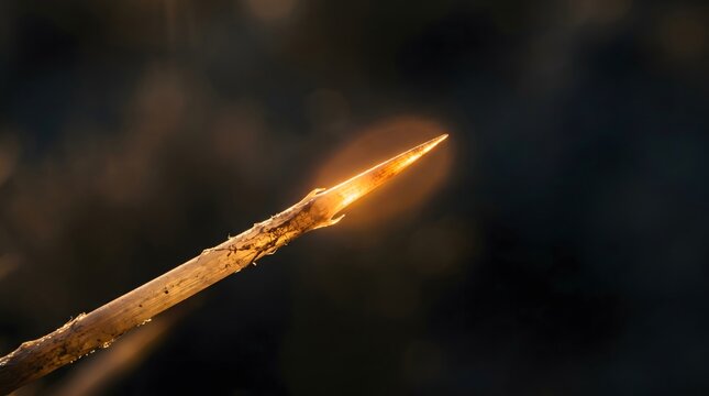 A glowing, golden reed tip rising like a fiery spearhead against the dark, a visual metaphor for sharp focus, unwavering determination, and the light of hope piercing through adversity