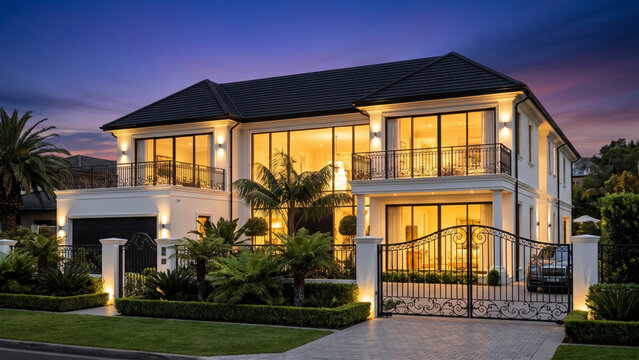 A magnificent two-story mansion with pristine white walls, black tiled roof, expansive balconies, decorative wrought-iron fencing, and floor-to-ceiling windows glowing with warm interior lighting. The
