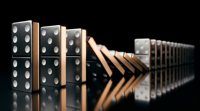 Metallic silver and gold domino tiles tumbling in a sequential chain reaction, a powerful metaphor for systemic risk, cause and effect, and the momentum of business decisions.
