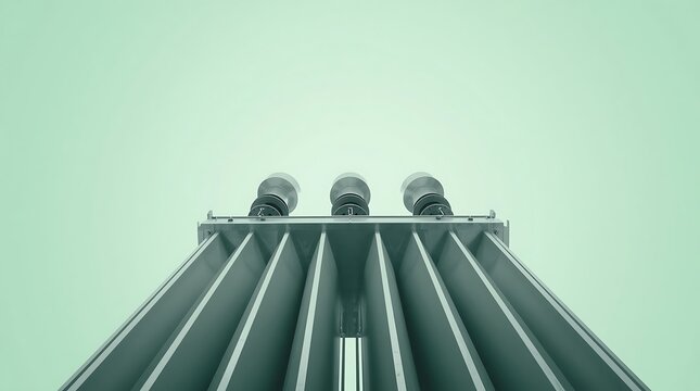 Close-up of a metallic electrical transformer with three insulators against a light green background.