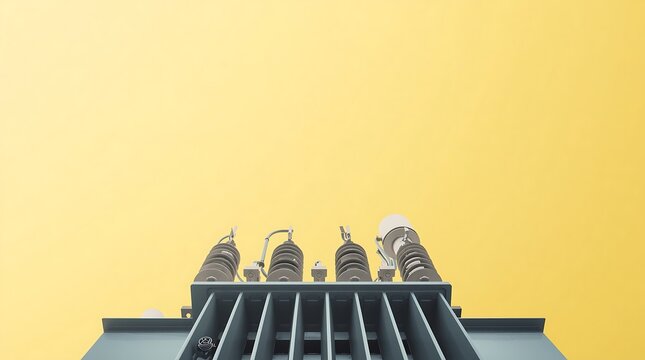 Close-up of an electrical transformer against a bright yellow background.