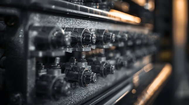 Close-up of a vintage amplifier with numerous knobs and controls, metallic texture.