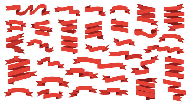 Huge collection of red ribbon banners and decorative scrolls in various curved and folded shapes for labels and celebrations.