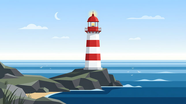 A Serene Red and White Lighthouse Standing Tall on a Rugged Rocky Coast Overlooking the Calm Blue Ocean Waters Under a Clear Sky