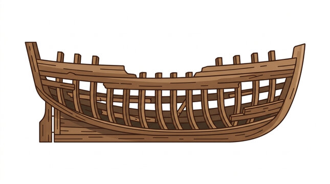 Wooden Ship Hull Skeleton Illustration.