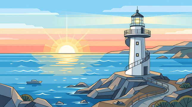 Scenic vector illustration of a lonely lighthouse standing on a rocky cliff during a peaceful ocean sunset