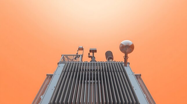 Close-up view of an industrial transformer with a vibrant orange background.