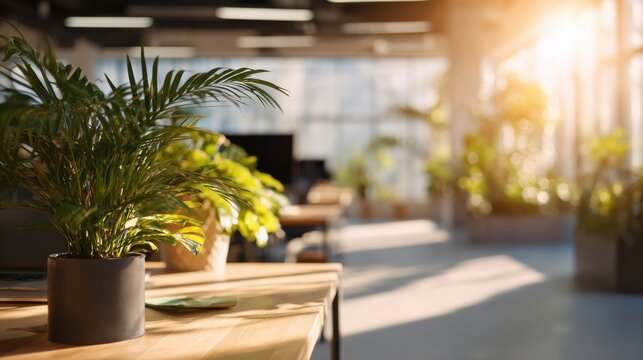 Bright Modern Indoor Office Space with Green Plants and Natural Sunlight