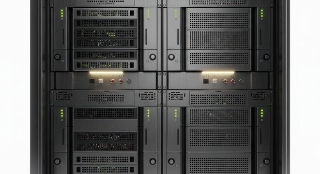 Data server rack isolated on white background with technological details