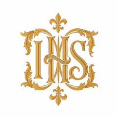 Elegant Golden Monogram IHS with Fleur de Lis Ornaments. © Joi