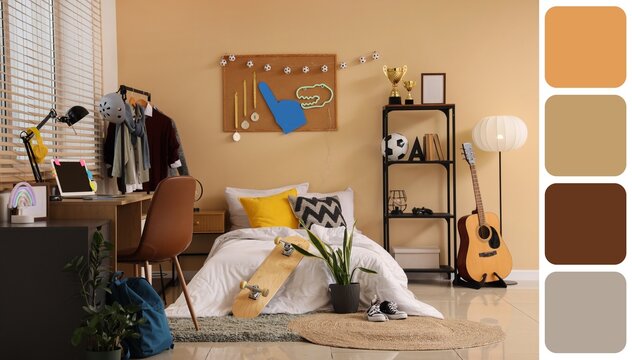 Teenage boy's bedroom interior with modern furniture, study desk, bed, and personal decor for youth lifestyle