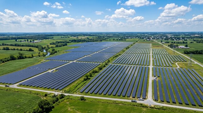 Aerial view of large solar farm with photovoltaic panels on green fields under blue sky