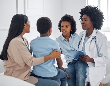 A female doctor consults with a woman and her two young sons