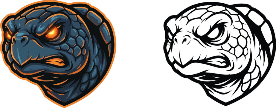 An aggressive, stylized illustration of a turtle's head with glowing orange eyes and a menacing expression, presented in both full color and black and white line art.