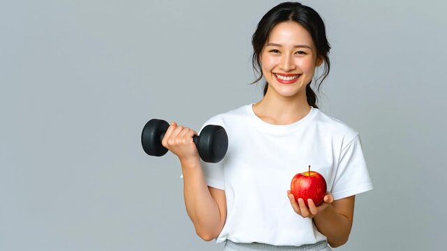 Young woman smiling happily holding dumbbell and red apple promoting fitness health exercise with joyful smile and active