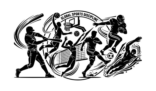 Elite Sports Players Action Montage Monochrome Vector Design