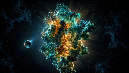 Fototapeta premium New protein structure visualization with teal and orange glow, representing advanced science and biotechnology