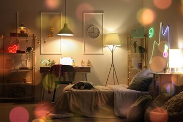Cozy teenager bedroom interior with neon lights, study desk, and comfortable bed for relaxing evening ambiance © Pixel-Shot