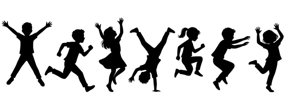 Black silhouettes of active children playing, jumping, running, and doing a cartwheel, showcasing happy and energetic childhood moments.