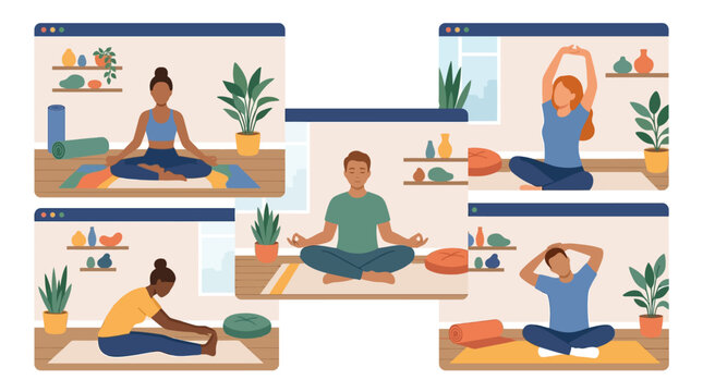 Flat vector illustration of diverse people practicing yoga and stretching in separate video conference windows, featuring men and women exercising at home for wellness.