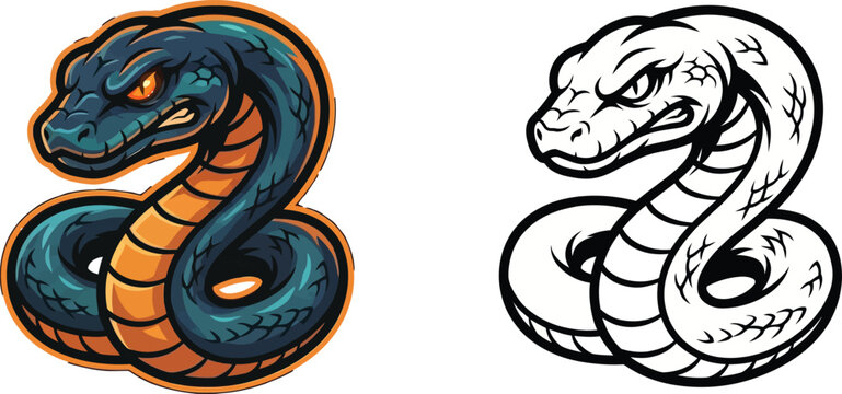 Aggressive blue and orange snake coiled and ready to strike, presented in a cartoonish, stylized illustration.
