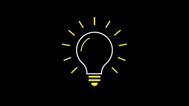 Animated light bulb icon, shining yellow light rays, idea concept, brainstorming symbol, creative innovation, professional motion graphic, isolated on Alpha channel, minimalist style.