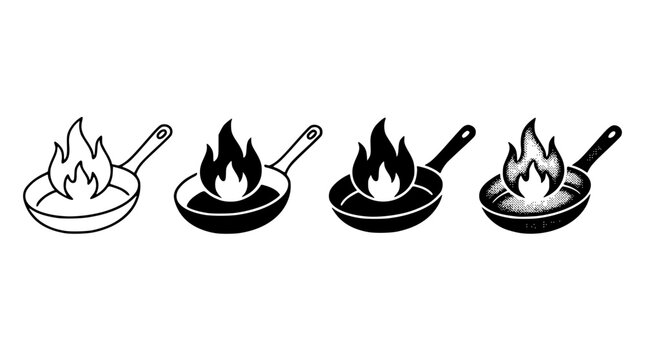Four black and white frying pans with fire vector illustration