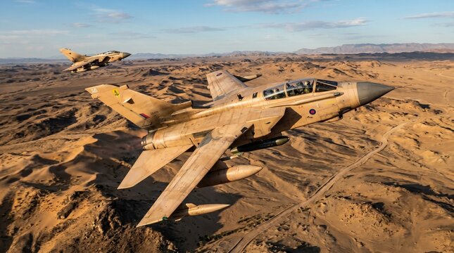 Two Panavia Tornado fighter jets flying low over desert landscape