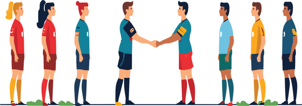 Soccer Team Captains Handshake Vector Illustration for Sportsmanship, Fair Play, Football Tournament Introductions, Match Fairplay Concepts, and Athletic Competition Designs