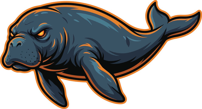Aggressive manatee mascot illustration with glowing orange eyes and dark blue skin, depicted in a powerful swimming pose.