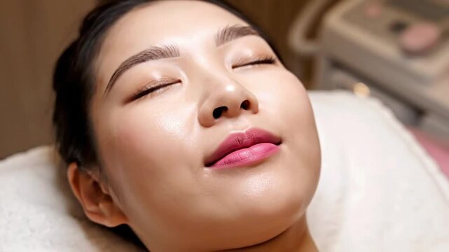 Young woman receives permanent lip makeup treatment in a beauty salon in the afternoon