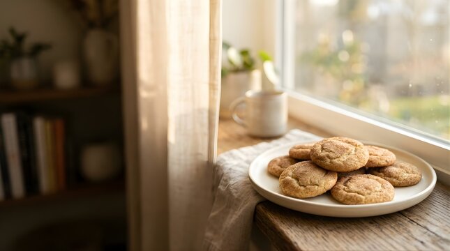 Fresh snickerdoodle cookies on a plate by a window during daylight