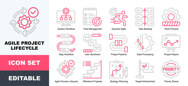Agile Project Lifecycle icon set. Vector symbols for Agile, Business, Management, Milestone, Process, Progress, Project, Strategy, Task, Workflow